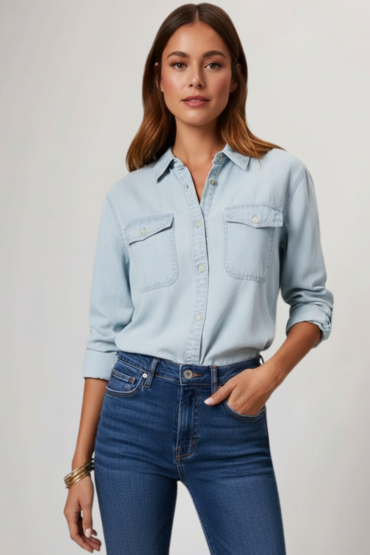 Women's classic light blue long sleeve blouse. A stylish button-up shirt, perfect top for everyday casual wear.