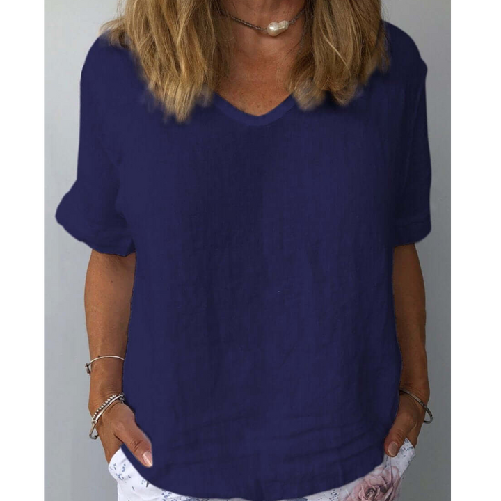 Grey women's comfortable short sleeve V-neck top. Relaxed fit, ideal for casual, stylish outfits & summer wear.