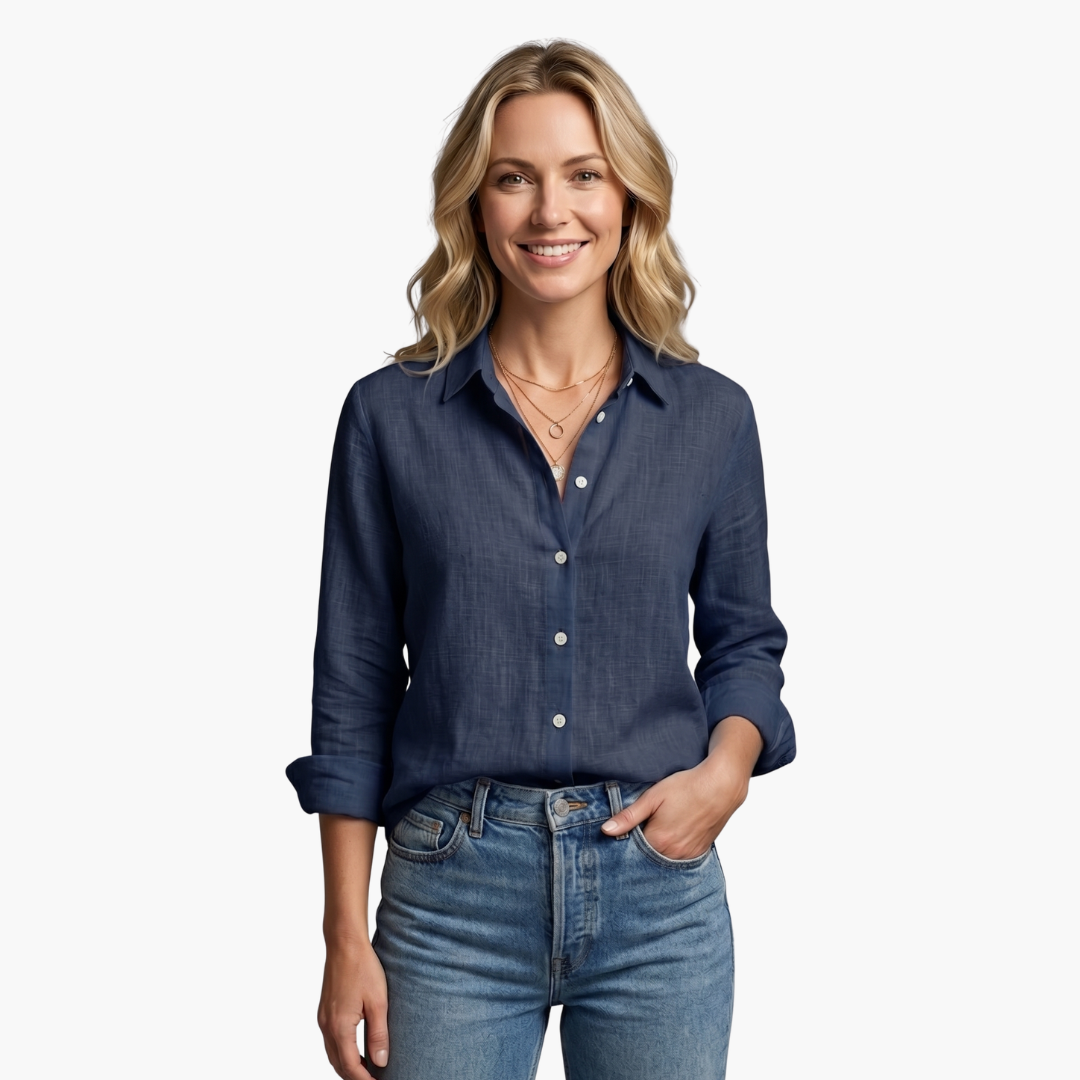 Smart casual yellow women's button-down shirt, scallop collar, versatile roll-tab sleeves, relaxed fit.