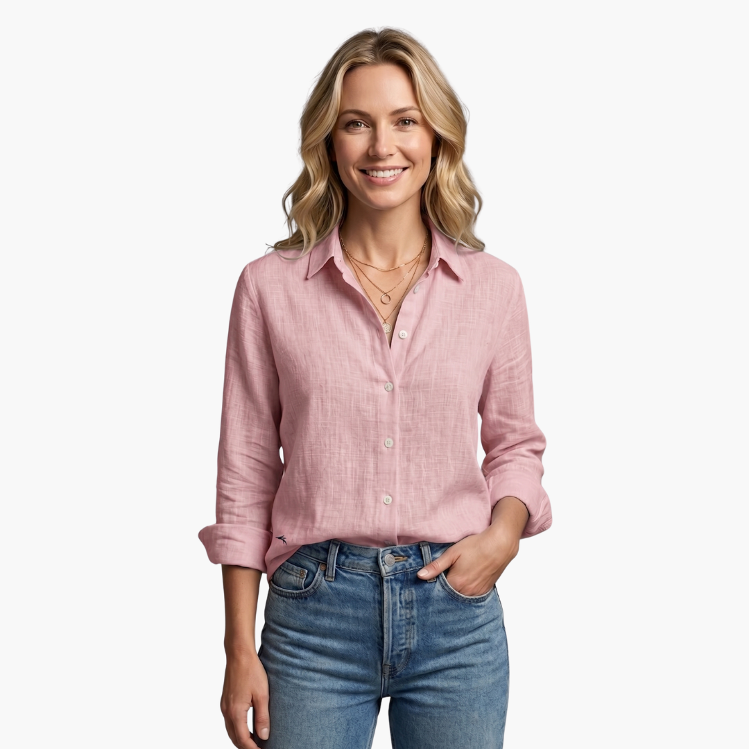 Light gray women's scallop collar top, versatile roll-tab sleeves, relaxed fit for spring/summer fashion.