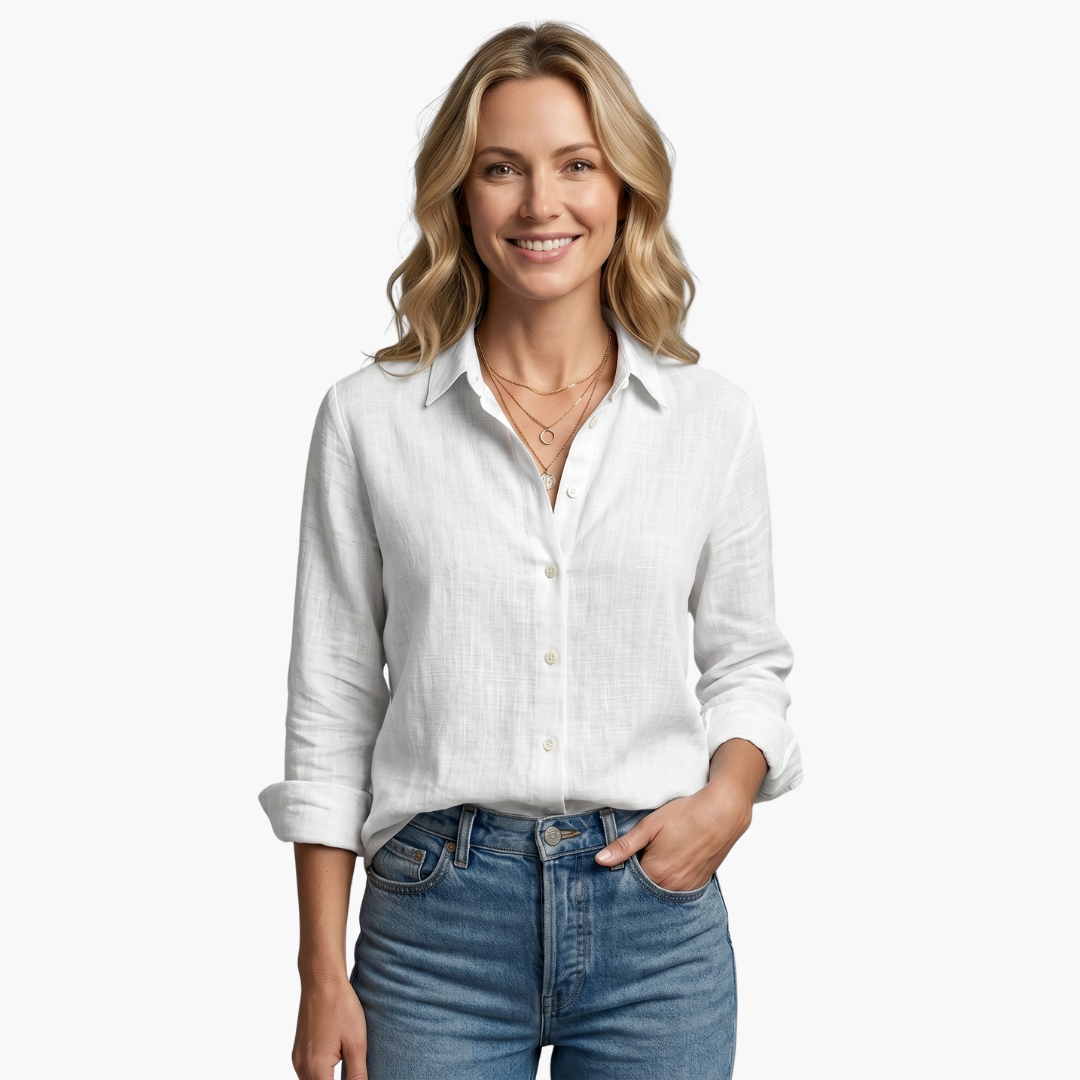 Stylish yellow women's scallop collar shirt, relaxed fit, roll-tab sleeves, ideal for versatile styling.