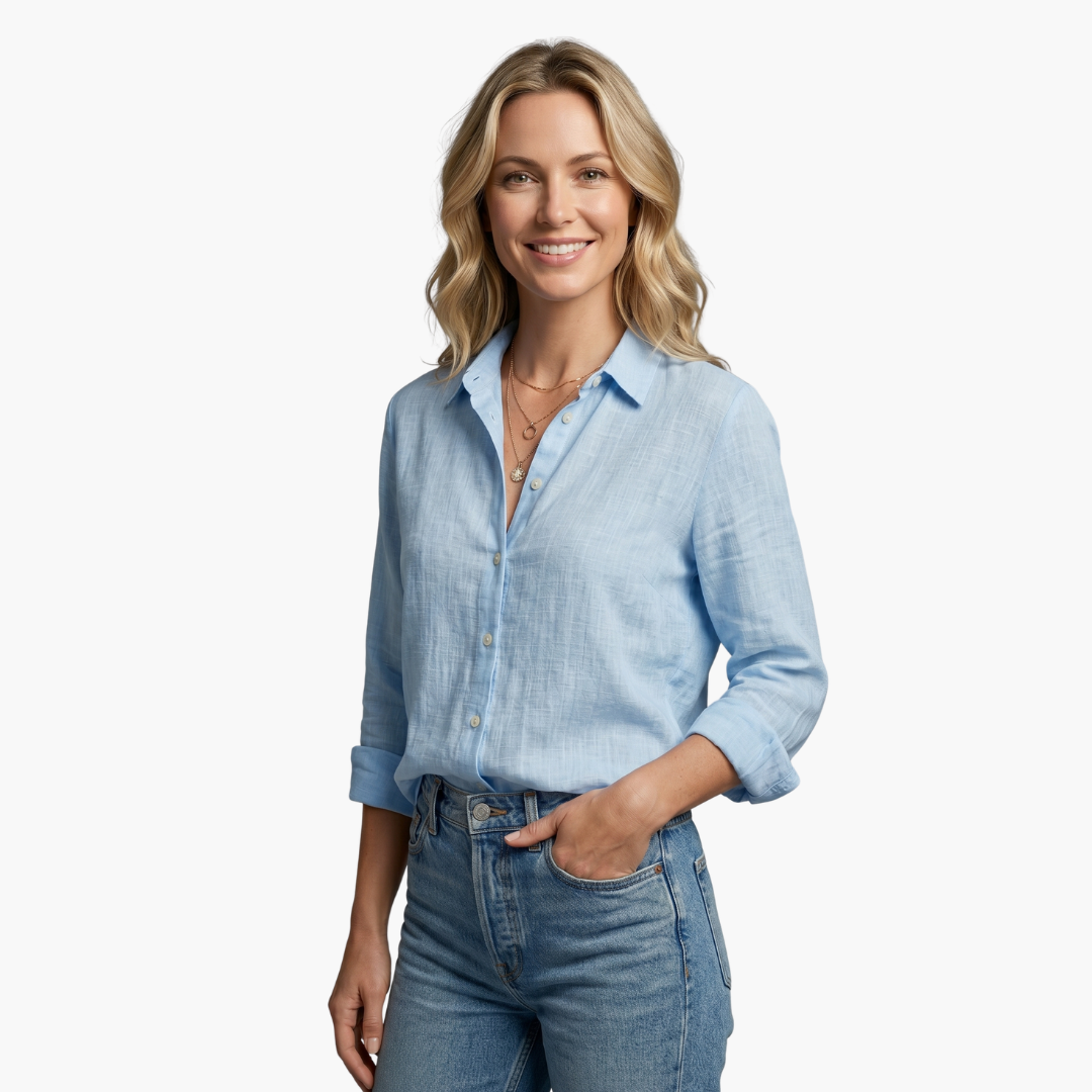 Navy blue button-down shirt for women, featuring a unique scallop collar and versatile roll-tab sleeves.