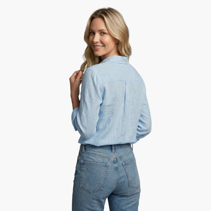 Relaxed fit light gray women's shirt with elegant scallop collar, ideal for casual or smart casual looks.