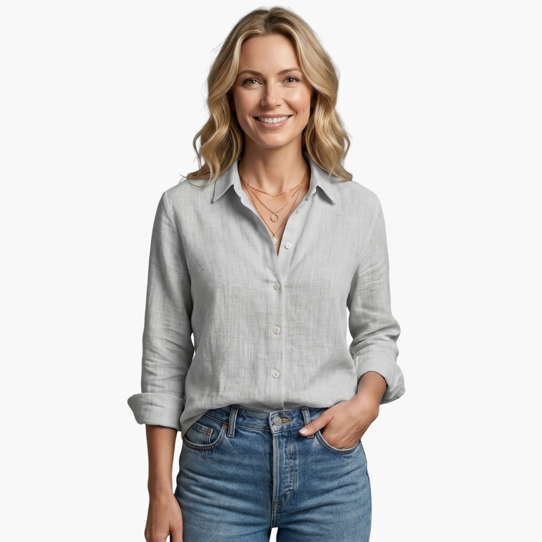 Yellow women's scallop collar shirt, relaxed fit for summer fashion, with roll-tab sleeves.
