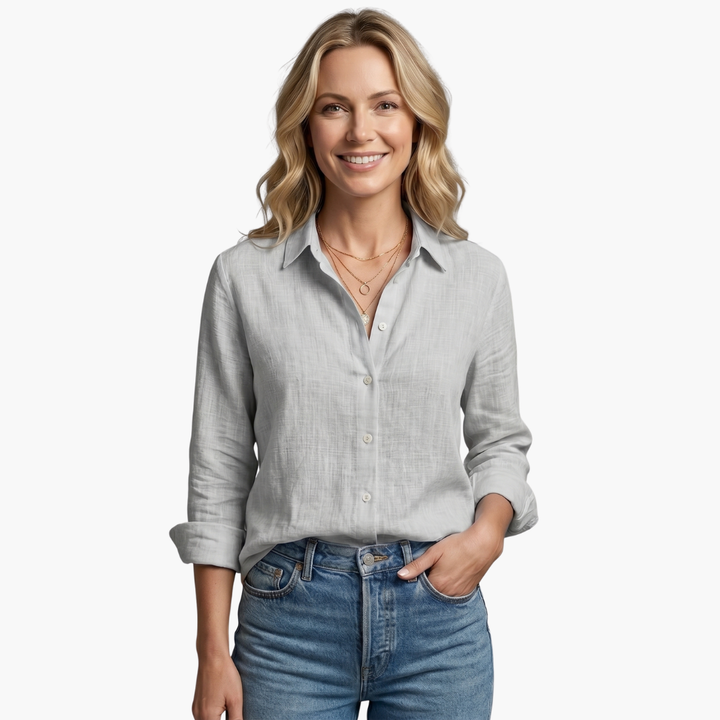 Yellow women's scallop collar shirt, relaxed fit for summer fashion, with roll-tab sleeves.