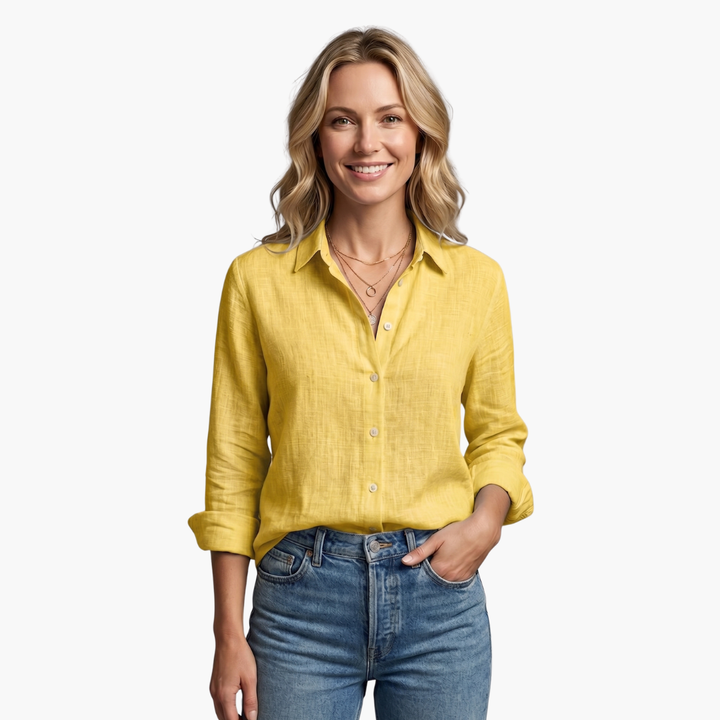 Everyday wear women's light gray button-down, relaxed fit, featuring a stylish scallop collar.