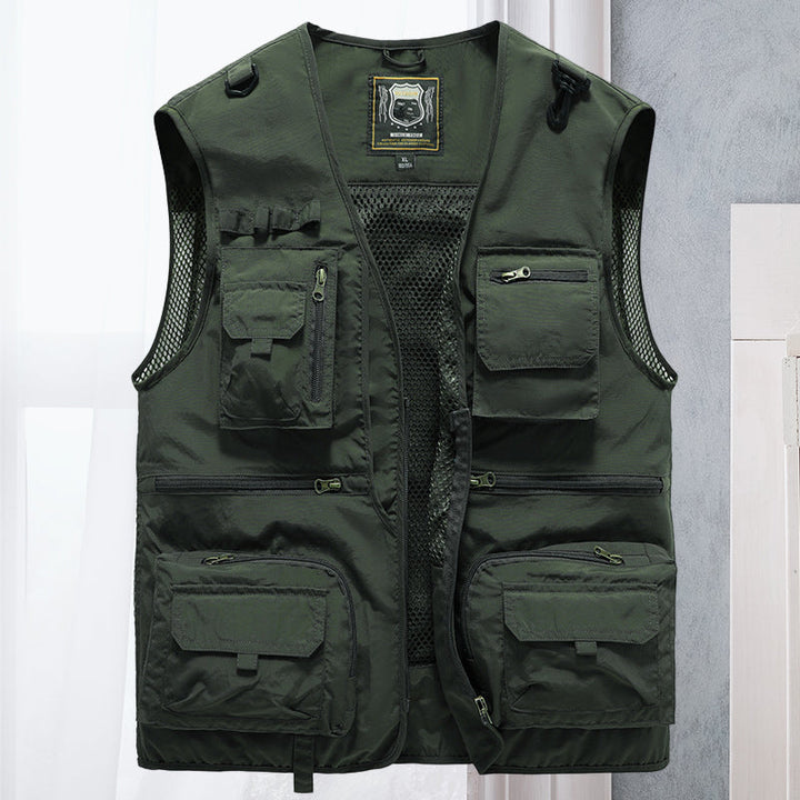 Sleeveless men's hiking vest, lightweight with many pockets for essentials on trails.