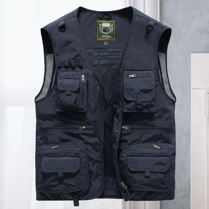 Men's practical outdoor vest with numerous pockets, suitable for fishing, hiking, and travel.