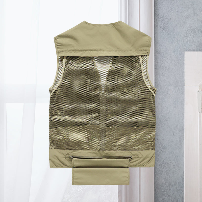 Lightweight men's adventure vest with multiple pockets for hiking, fishing, and travel gear.