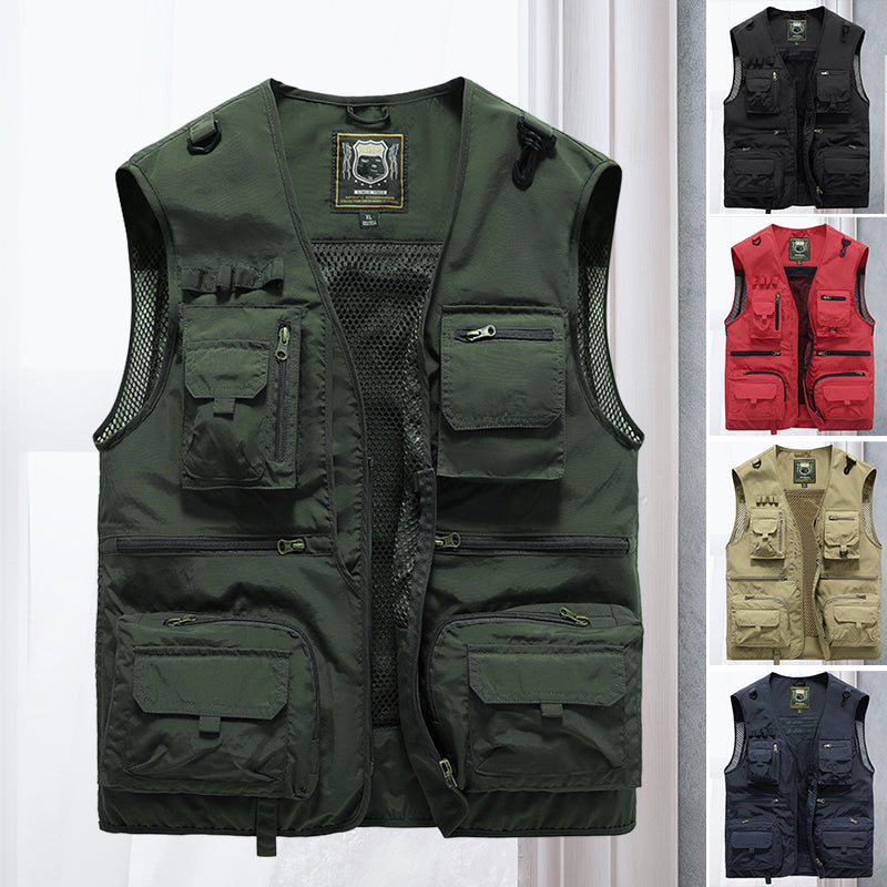 Men's lightweight multi-pocket outdoor vest for hiking, fishing, and travel adventures.