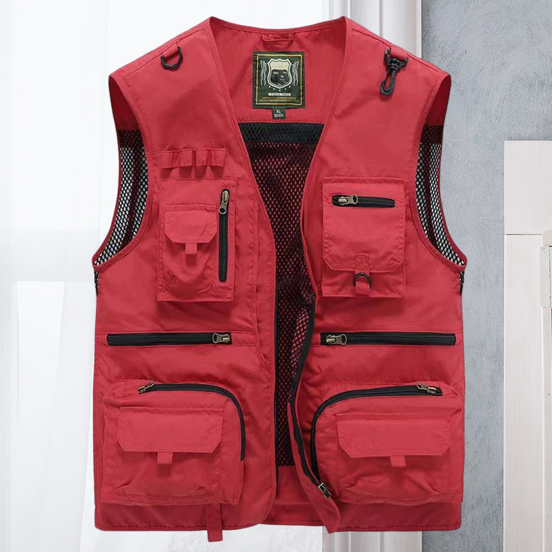 Versatile men's outdoor utility vest for camping, travel, and adventure, featuring multiple pockets.
