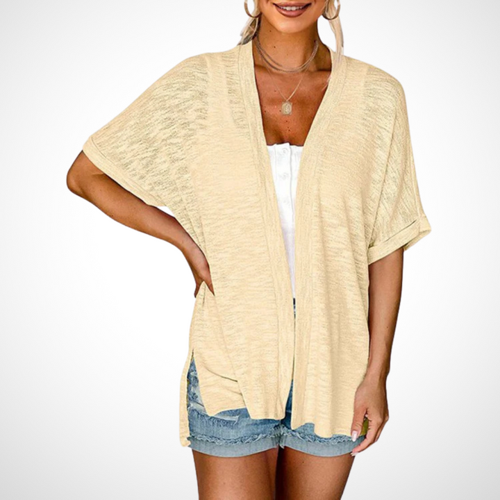 Lightweight women's short sleeve open front cardigan in apricot, perfect for summer layering and elegant casual wear.