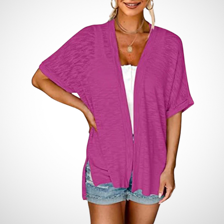 Comfortable women's lightweight short sleeve cardigan, an open front flowing layer for easy and elegant spring summer fashion.