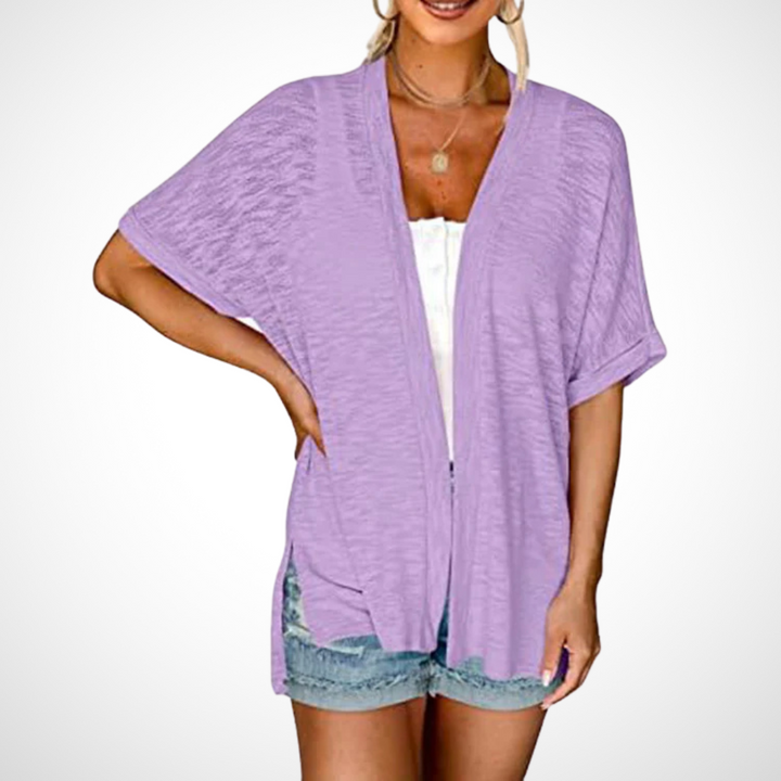 Apricot women's short sleeve open front cardigan with a flowing silhouette, perfect for a chic lightweight summer layer.