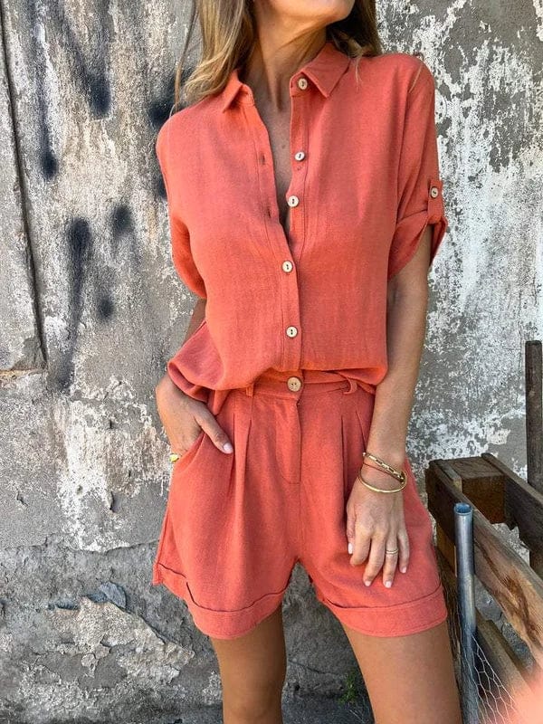 Woman wearing a relaxed fit shorts set, a stylish two-piece for casual summer outings or vacation.