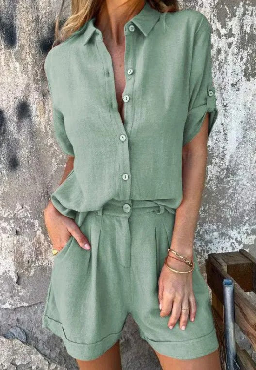 Lightweight women's shorts and matching top set, a comfortable two-piece for spring/summer fashion.