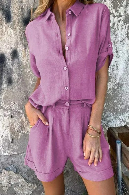 Women's matching shorts and top set, a chic two-piece casual outfit for summer comfort.
