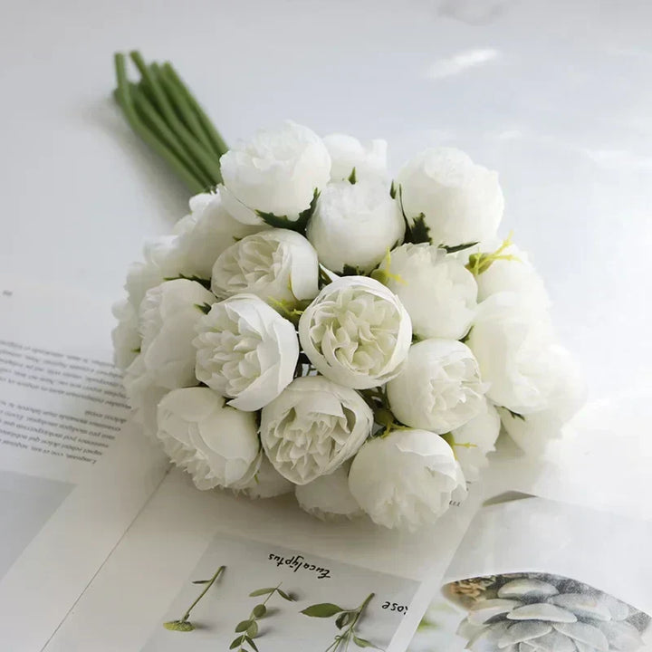 Premium artificial peony bouquet, 27 realistic silk blooms. Perfect for wedding ceremonies, bridal accents, home decor.
