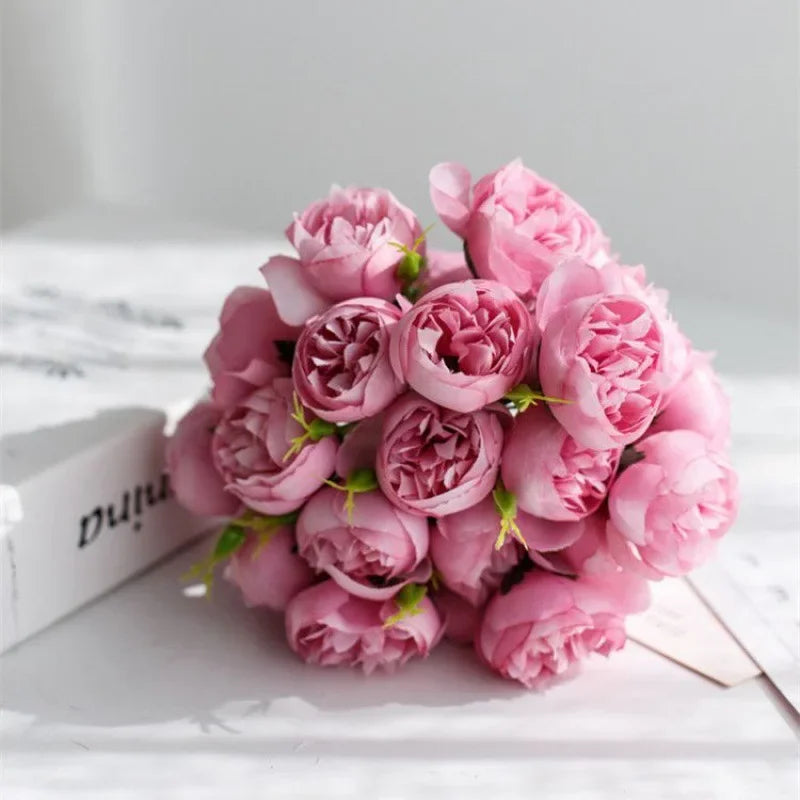 Exquisite silk peony bouquet, 27 realistic artificial blooms. Versatile for wedding decor, home staging & bridal use.