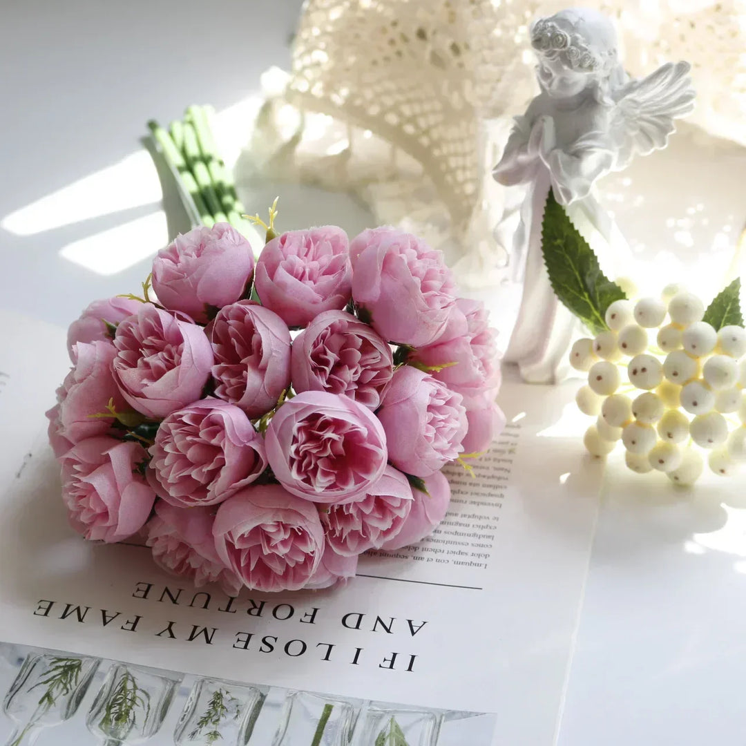 High-quality artificial peony bouquet, 27 realistic silk blooms. Perfect for wedding floral decor or home styling.