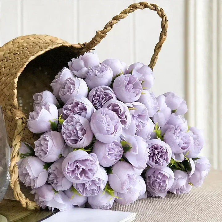Elegant silk peony bridal bouquet with 27 realistic blooms. Faux flowers for timeless wedding decor & home accents.