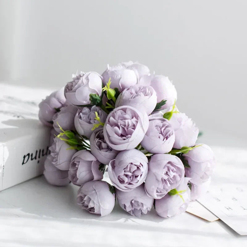 "Love Story" 27-bloom silk peony bouquet. Realistic faux flowers for wedding decor, home styling & romantic ambiance.