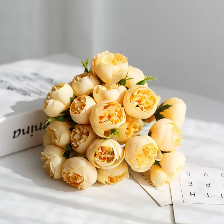 Luxury silk peony bouquet, 27 realistic blooms. Everlasting artificial flowers for wedding decor & home embellishment.