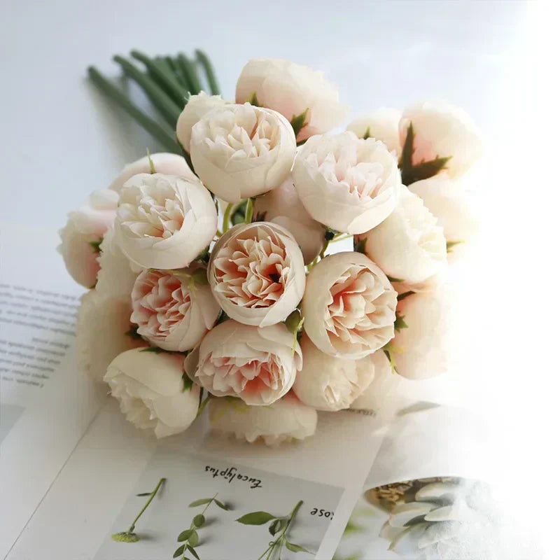 Realistic silk peonies: 27-bloom faux bouquet. Ideal wedding flowers, bridal decor, or elegant home floral display.