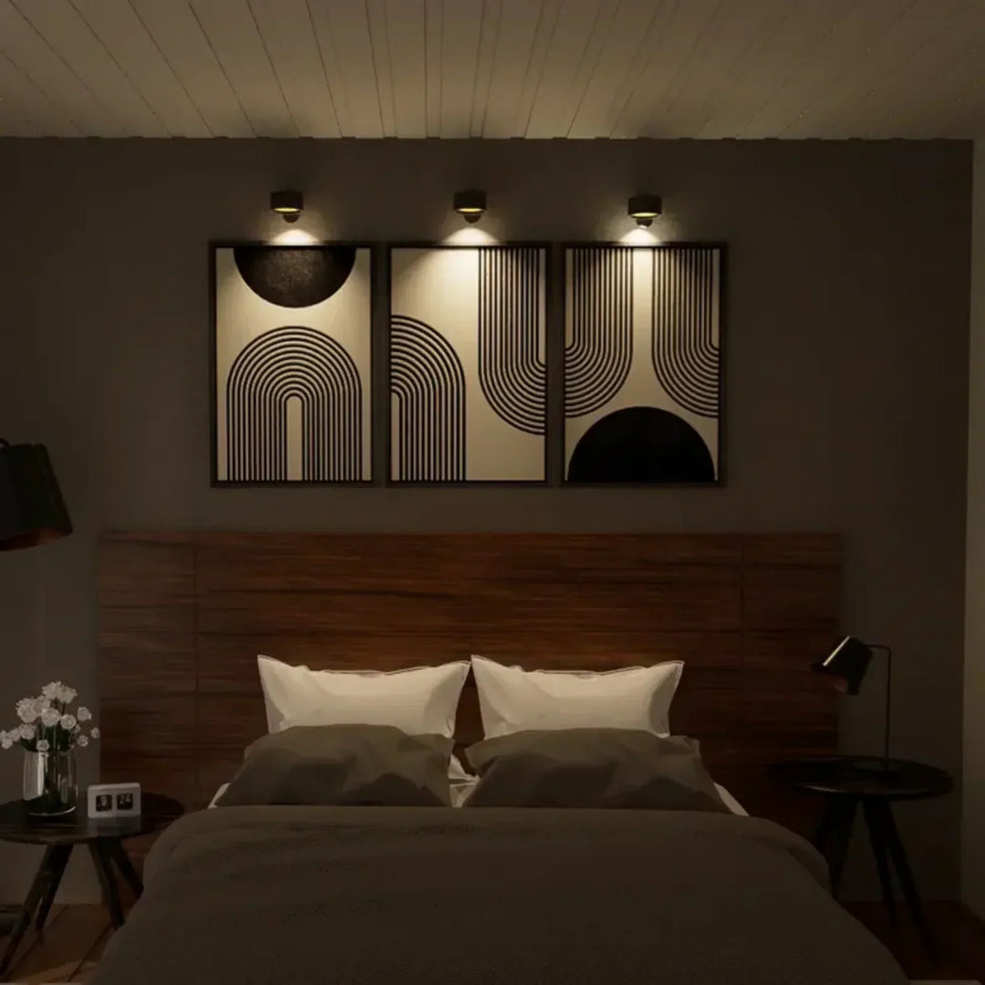LumoFlex LED Wall Lamp, rechargeable and wireless, enhancing home ambiance elegantly.