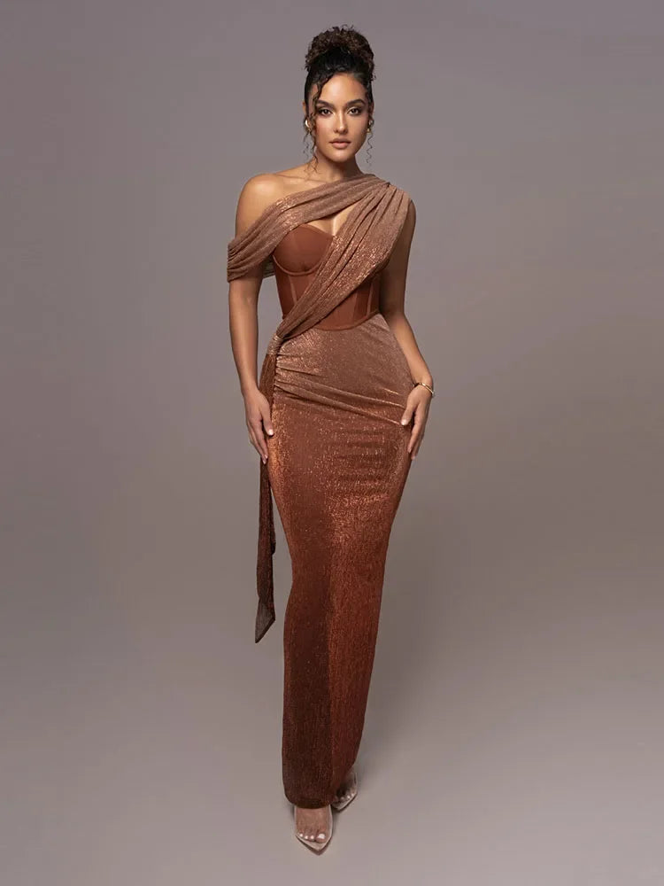 Luxe one-shoulder maxi dress for women, a stunning statement piece perfect for evening events & formal occasions.