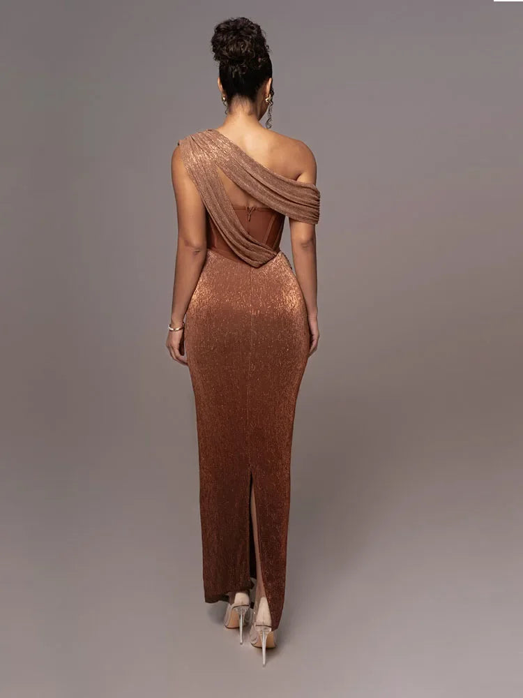Elegant women's one-shoulder evening gown. A luxurious maxi dress perfect for formal parties & special events.