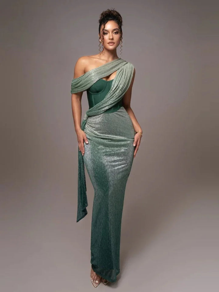 Statement luxe one-shoulder maxi dress for women. Elegant formal wear, perfect for evening events & special occasions.