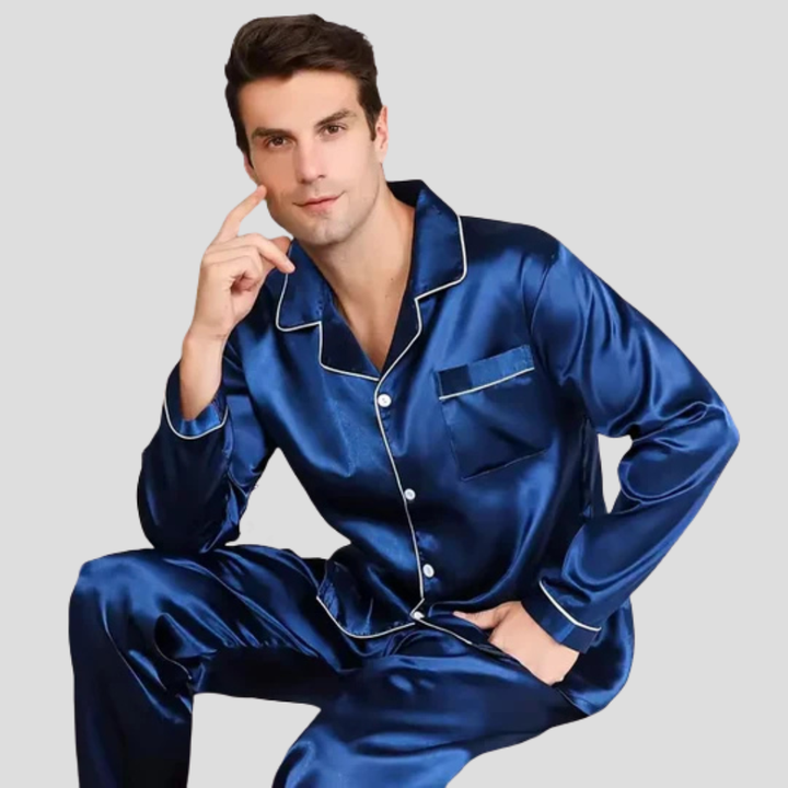 Elegant men's silk blend pajama set, ideal luxury sleepwear & nightwear. Perfect relaxed fit for him.
