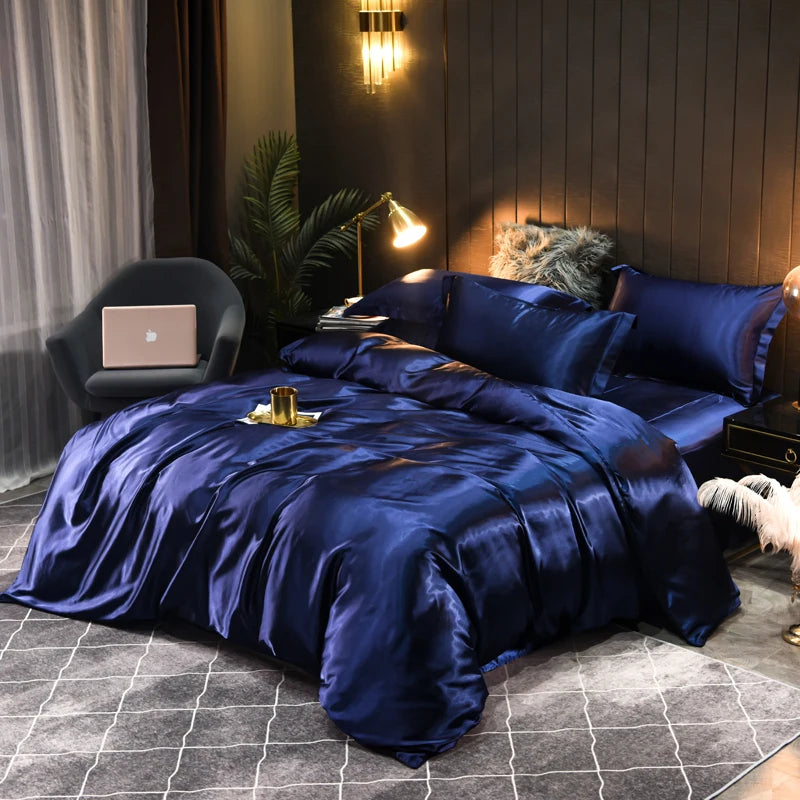 Luxurious satin bedding set, silky smooth for ultimate comfort & elegant bedroom style.