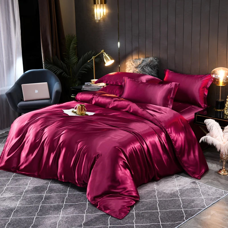 Solid color satin bedding set, bringing elegant style and a touch of luxury to any bedroom decor.