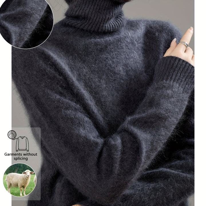 Women's warm turtleneck sweater, long sleeve. Soft knit, elegant comfort, oversized fit for winter fashion.