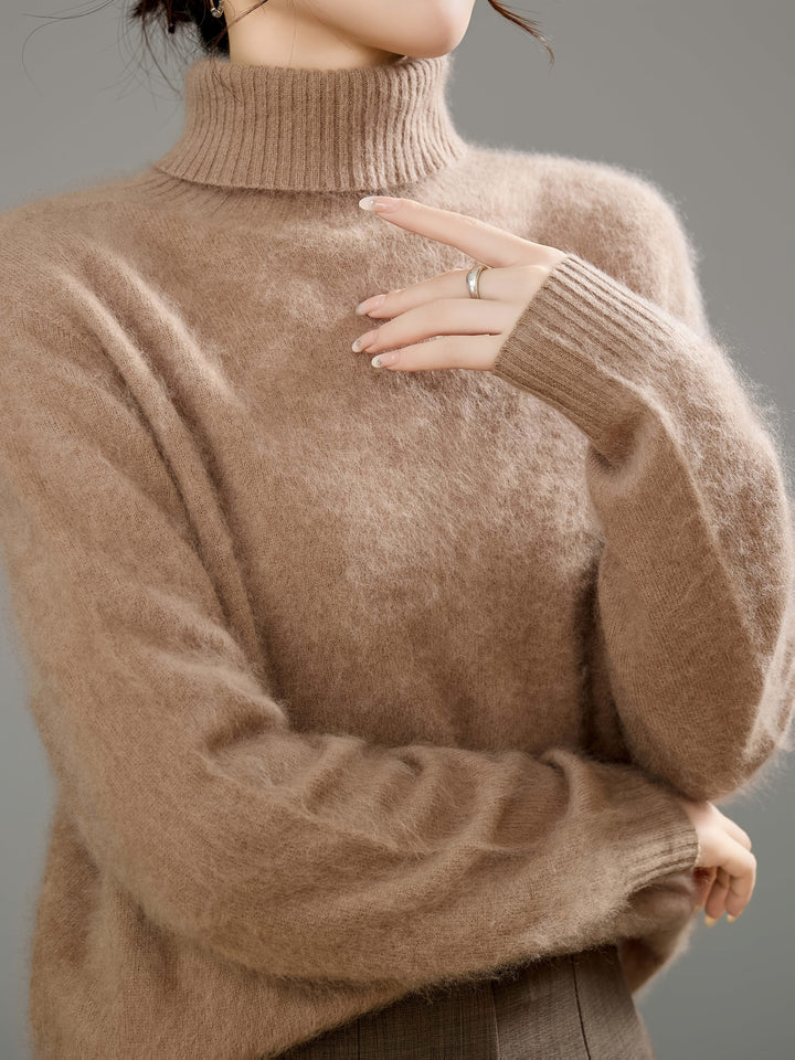 Super soft knit women's turtleneck sweater. Cozy warm, long sleeve, perfect for cold weather comfort.