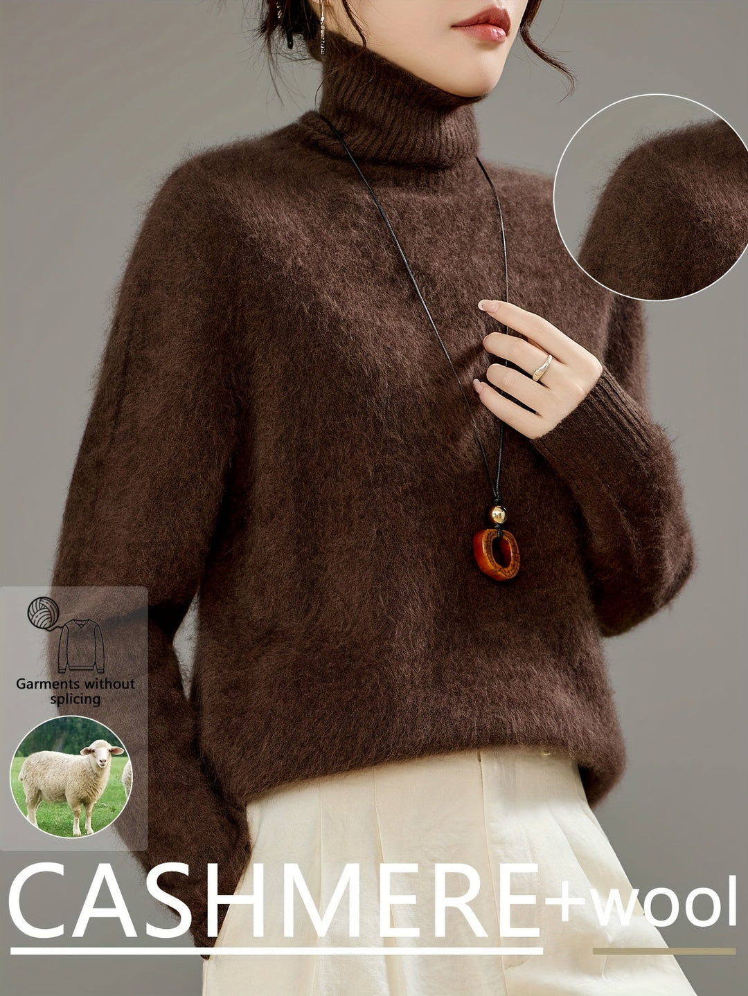 Elegant women's warm turtleneck sweater. Chic winter fashion, oversized fit, cozy soft knit for cold weather.
