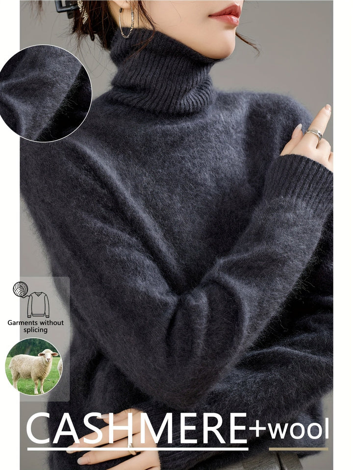 Relaxed fit women's turtleneck sweater. Everyday cozy wear, warm & soft knit, long sleeve, chic style.