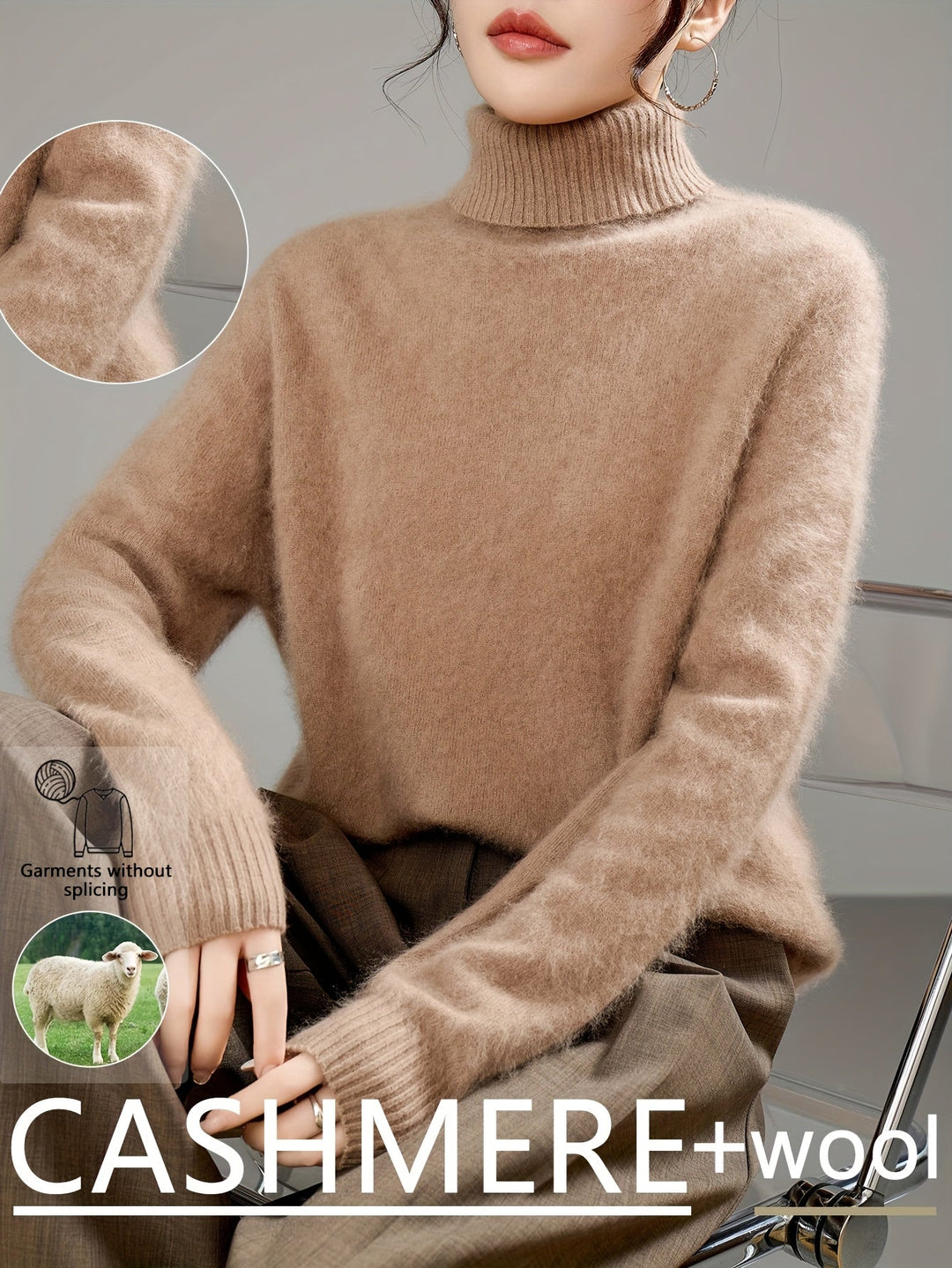 Women's long sleeve turtleneck sweater. Luxurious soft knit, warm, oversized fit for elegant cold weather style.