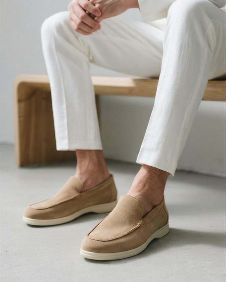 Classic slip-on men's loafers in deep tan, offering luxury comfort & supportive design.