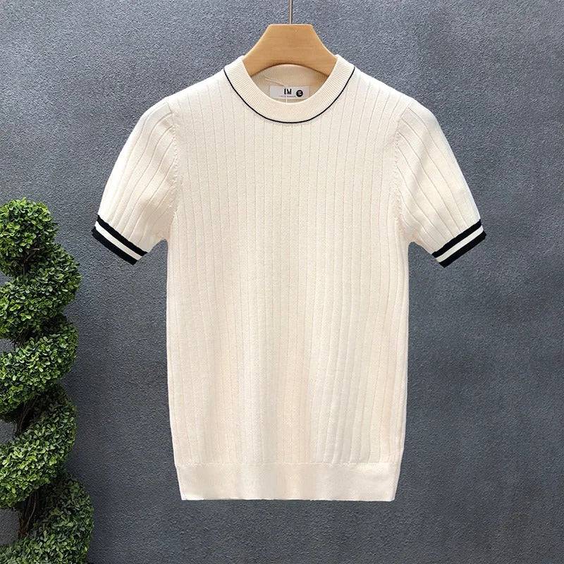 Comfortable cream men's crewneck pullover sweater. Soft knit for versatile casual wear & layering in men's fashion.