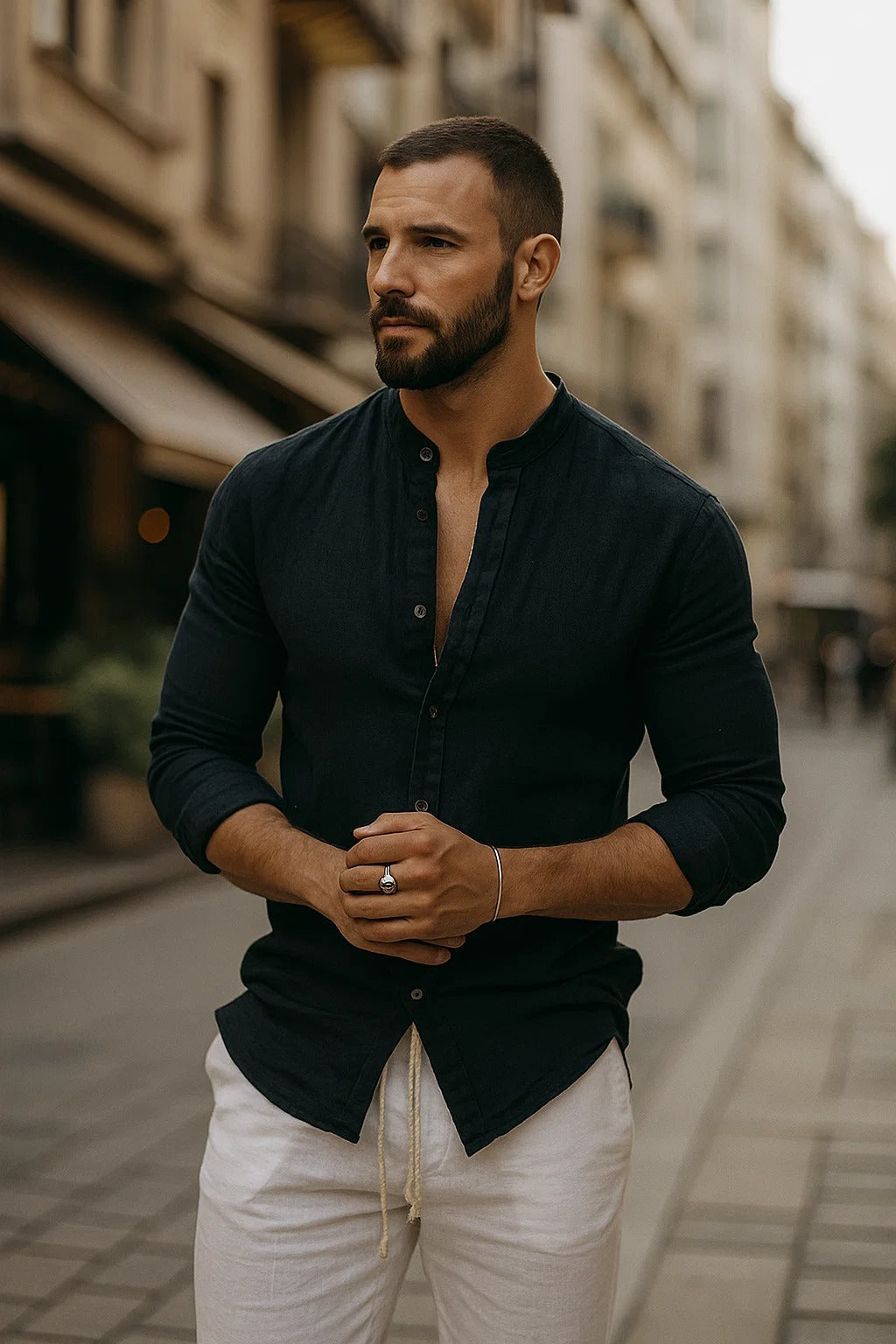 Smart casual men's 3/4 sleeve shirt, relaxed fit. Perfect spring fashion top for comfortable everyday style.