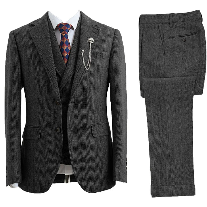 Classic men's tailored fit herringbone 3-piece suit with vest, ideal for weddings & formal events.