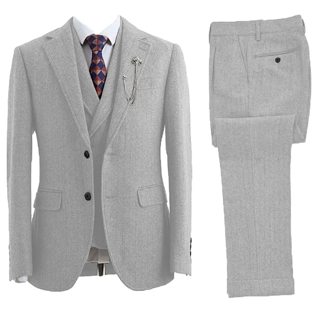 Stylish men's Leonard herringbone suit, 3-piece tailored fit, essential for sophisticated gentlemen's formal wear.