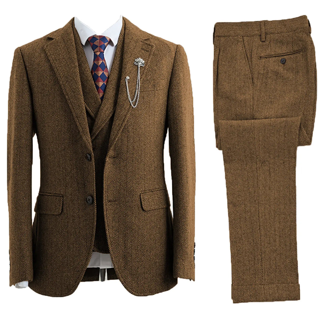 Detailed view of the herringbone pattern on a men's formal 3-piece tailored suit for special occasions.