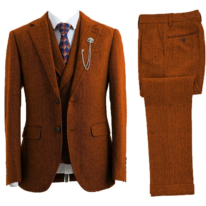 Wedding suit for men: 3-piece herringbone tailored suit in classic style, complete with vest for groomsmen.