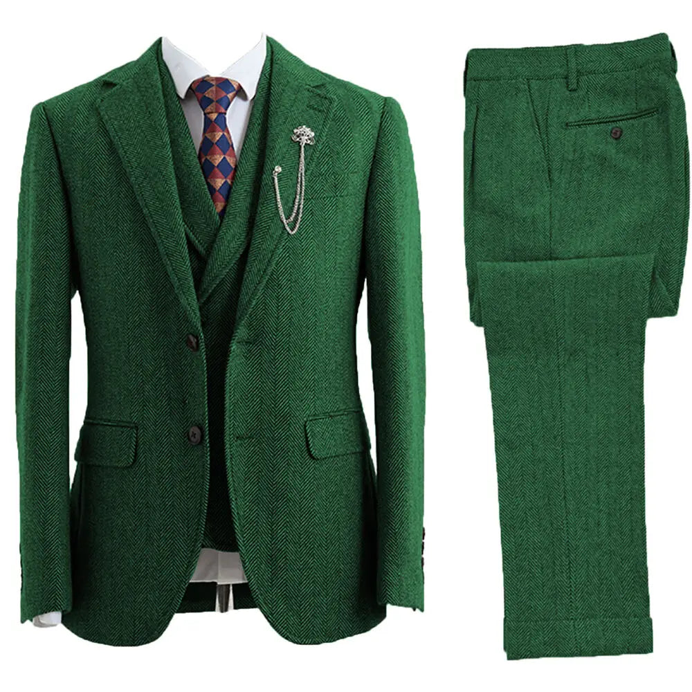 Sophisticated gentlemen's fashion: a tailored 3-piece herringbone vest suit for versatile formal occasion wear.