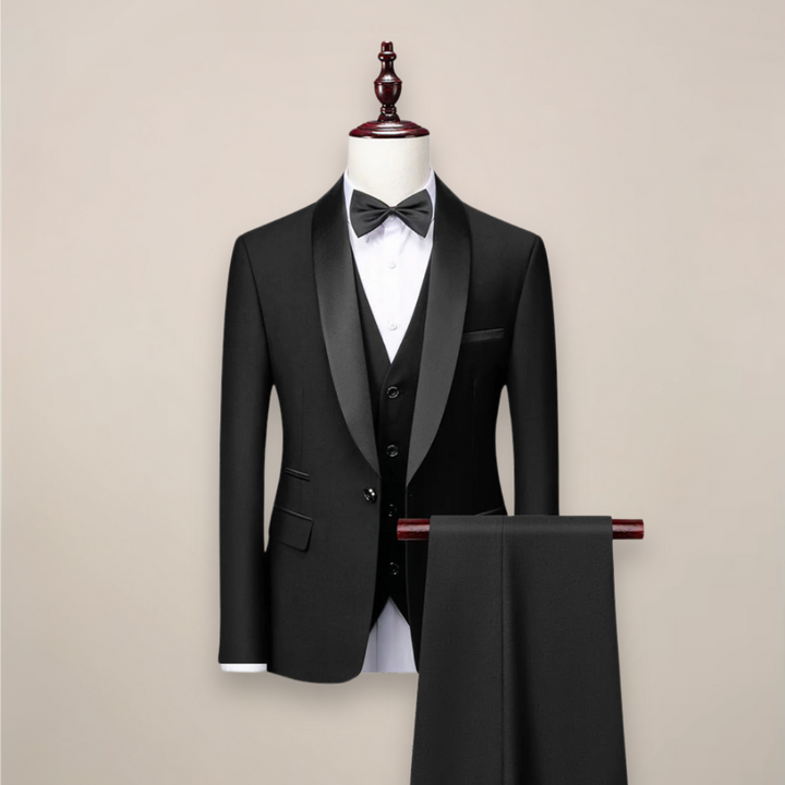 Men's 3-Piece Slim Fit Tuxedo, tailored for formal events. Ideal black tie, wedding, or business suit.