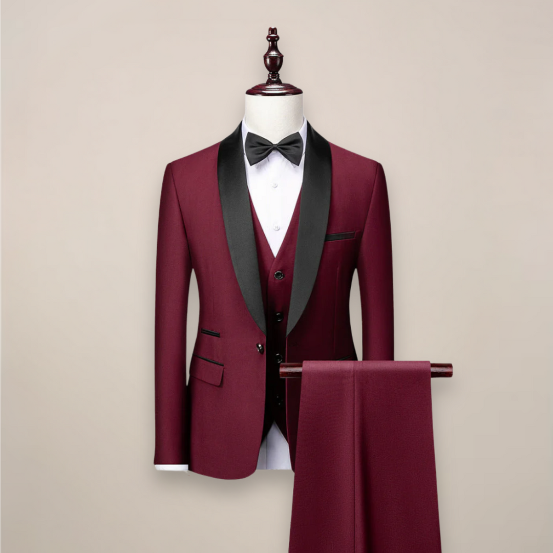 Sophisticated men's slim fit 3-piece tuxedo. Ideal formal wear for weddings, black tie events & business.